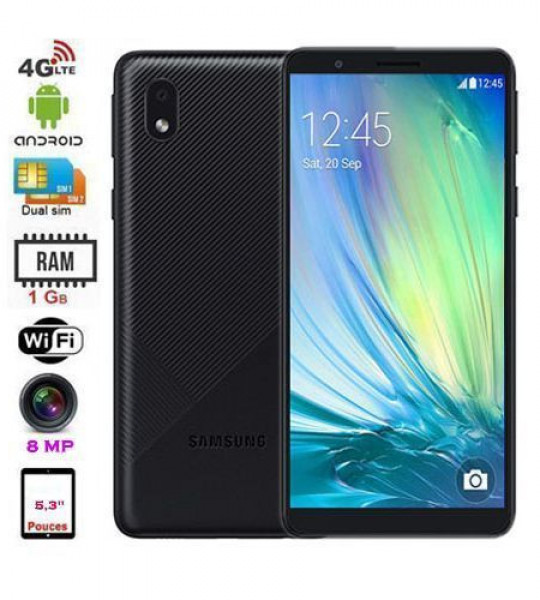 SAMSUNG GALAXY A3 Core - 5,3‘’ - 8MP - 1Go/16Go - REF: Fiche technique PRINCIPALES CARACTÉRISTIQUES Garantie : 24 Mois Type de produit : Smartphone Modèle : Galaxy A3 Core Ecran : 5.3 Pouces Résolution : 720 x 1480 pixels Camera principale : 8MP Camera Secondaire : 5MP Processeur : Octa-Core 1.6 GHz Mémoire ROM : 16Go ( Extensible jusqu'à 512Go ) Mémoire RAM : 1Go - Téléphone Portables